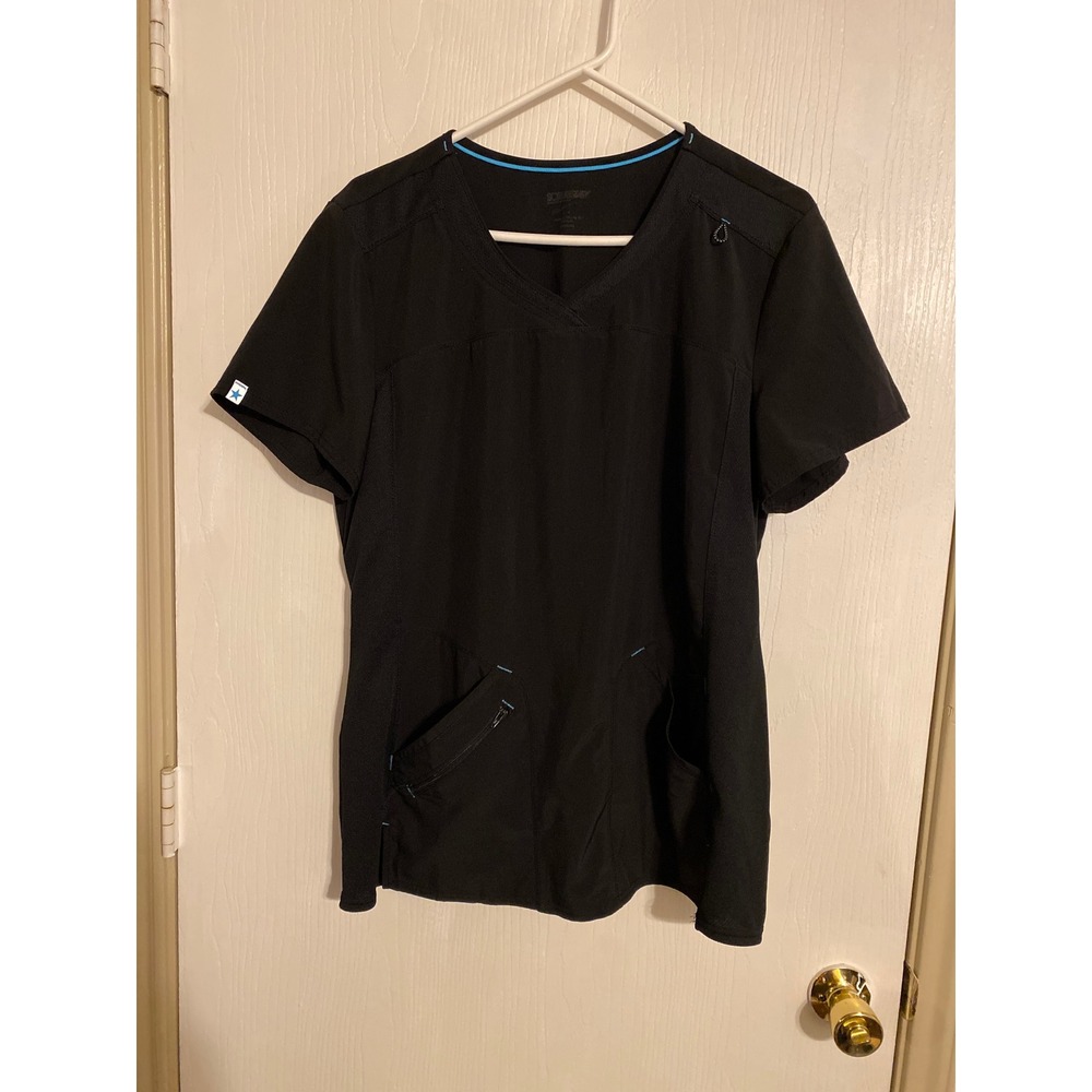 Scrubstar Womens V-Neck Scrub Top Black Large Zipper Pocket WM877A Stretch 0204